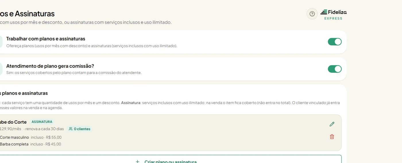 Tela de planos e assinaturas do Fideliza